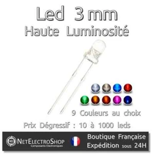 Led 3mm Haute Luminosité, 9 couleurs au choix (mélange possible), Prix dégressif - Picture 1 of 1