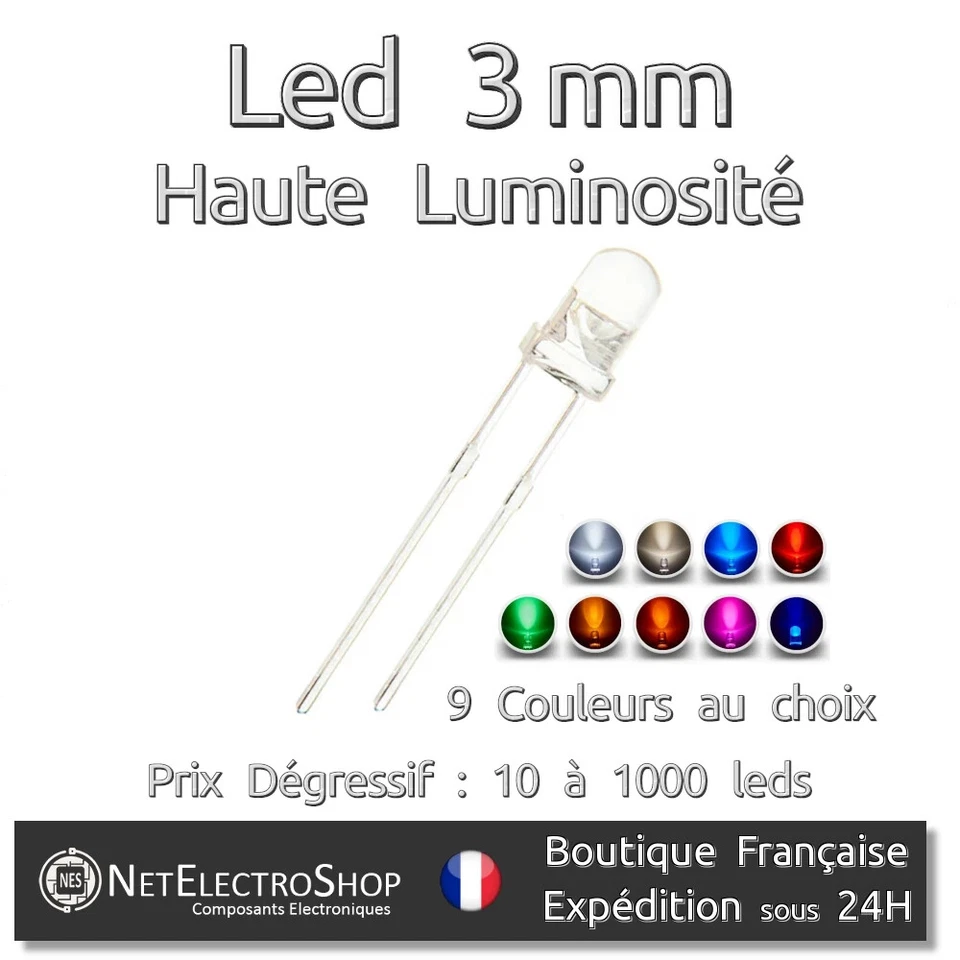 Led 3mm Haute Luminosité, 9 couleurs au choix (mélange possible), Prix dégressif - Image 1 of 1