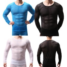 Men's Long Sleeves T-Shirt Mesh Sheer Tank Top Tee Muscle Top Shirts Undershirt