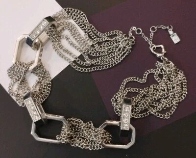 JENNIFER LOPEZ Grueso Tono Plata Rectángulo Estrás Eslabón 14"+ Ajustable Collar! Foto 1 de 4