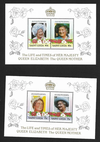 MNH 1985 St Lucia Life & Times of Queen Mother Set of 2 Souvenir Mini Sheets NH Cover