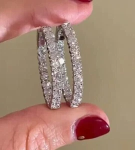 5CT Round Cut Created Diamonds Hoop Women Wedding Earrings 14k White Gold Plated - Picture 1 of 4