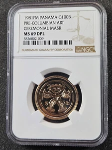 🌟 1981 PANAMA GOLD 100 Balboas CEREMONY MASK Coin NGC MS69 DPL Mintage 174 RARE - Picture 1 of 2