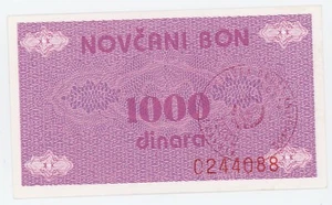 Bosnia & Herz 1000 Dinara 1992 Pic 50 aUNC Almost Uncirculated Banknote Vouchers - Picture 1 of 2