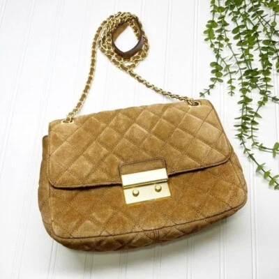 Bolso de hombro Michael Kors marrón camel gamuza grande Sloan acolchado cuero cadena Foto 1 de 4