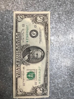 1977 $50 Bill Federal Reserve Note J07602912A Misaligned Print Good Condition - Image 1 of 4