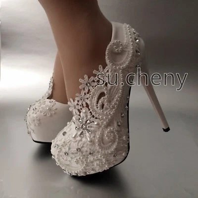 su.cheny 5.5" heel white pearl lace flowers platform heels Wedding Bridal shoes - Image 1 of 4