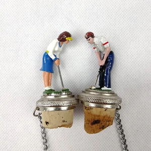 VTG Solid Pewter Golfer Golf Player Male Female Cork Wine Bottle Stopper Painted - Picture 1 of 11