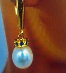 Solid 14K. GOLD LEVER BACK High Luster Akoya Pearls & Natural Sappire - Picture 1 of 8
