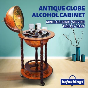 Wine Alcohol Drinks Rack Mini Bar Serving Antique Globe Storage Cabinet Trolley - Picture 1 of 9