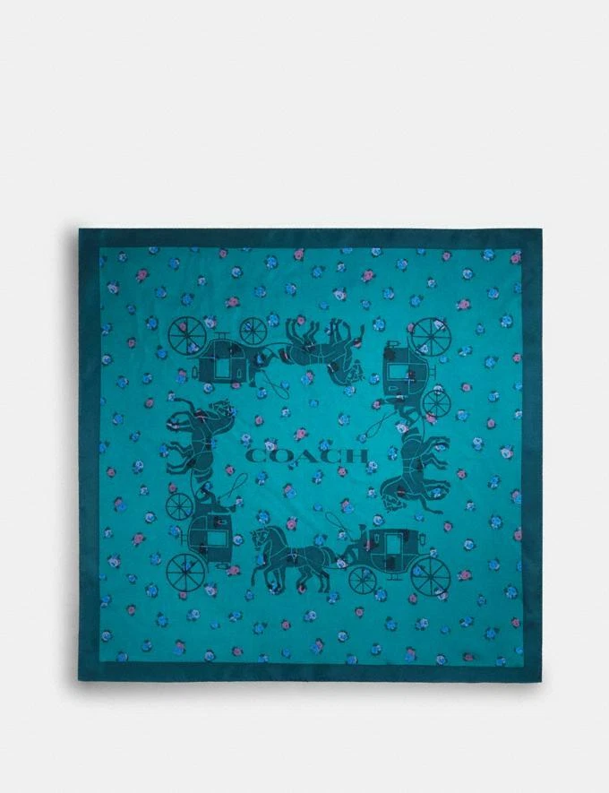 COACH Horse And Carriage Tea Rose Print Silk Bandana in Teal