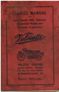 VELOCETTE VIPER VENOM MSS CLUBMAN SCRAMBLER THRUXTON '55-66 OWNER SERVICE MANUAL - Bild 1 von 1