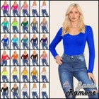 Womens Bodysuit Long Sleeve Top Round Neck Leotard Plain Casual Stretchy T-Shirt