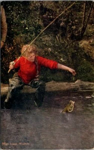 Miss Isaac Walton Woman in Red Sweater Catching Fish Fishing Postcard - Picture 1 of 2