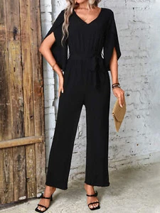 Jumpsuit mit V-Ausschnitt und Halbarm und weitem Bein gebunden - Bild 1 von 6
