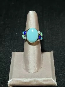 Vintage Thailand .925 Sterling Silver Turquoise Lapis Lazuli & MOP Gemstone Ring - Picture 1 of 8