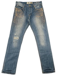 Born Fly Men's 34x32 Gold Paint Distressed Blue Denim Jeans Slim Straight Button - Picture 1 of 11