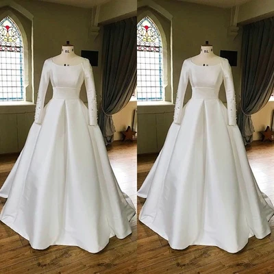 Wedding Dresses with Long Sleeves Pearls Scoop Neck A Line Satin Bridal Gowns - Image 1 of 4