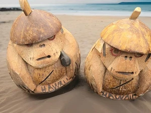Vintage Hawaii Souvenir Coconut Monkey Bank 8” Carved Coin Bank Tiki Kitsch - Picture 1 of 6
