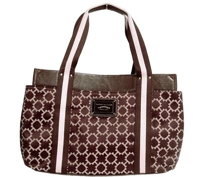 NEW Tommy Hilfiger Women's Brown White TH Logo Jacquard Tote Bag Handbag Purse - Image 1 of 4