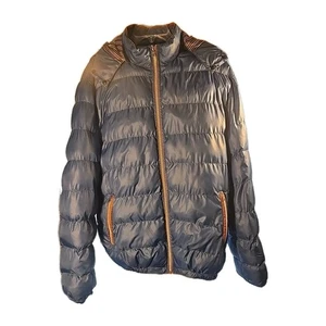 Puffer Jacket Designer Look Size Large Brown Accents Removable Hood - Picture 1 of 6