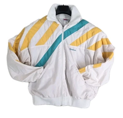 Chaqueta cortavientos Reebok Bomber vintage años 90 para mujer M blanca verde cremallera retro Y2K EE. UU. Foto 1 de 4