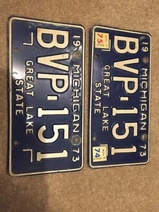 Vintage 1973 Michigan License Plates Matching Set Pair BVP 151 74 75 Stickers - Picture 1 of 2