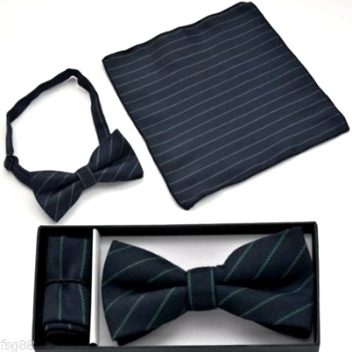 New Pre Tied Bow Tie Navy Blue and Green Hankie Handkerchief Striped - Image 1 of 1