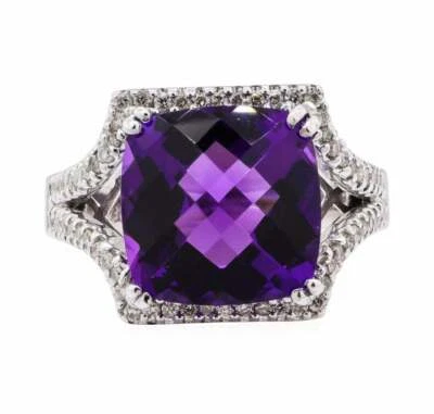 Cojín púrpura violeta forma tablero de ajedrez 8,68 quilates amatista y anillo de circonita cúbica corte mina antiguo Foto 1 de 4