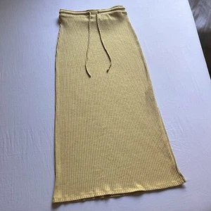 JONATHAN SIMKHAI pale muted mustard yellow rib knit elastic waist midi skirt - Picture 1 of 5