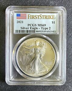 2021 AMERICAN SILVER EAGLE TYPE 2 PCGS MS69 FIRST STRIKE FLAG LABEL