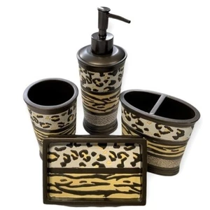Animal Print Exotic Bathroom Accessory 4 Piece Set Brown Tan Multicolor Gazelle - Picture 1 of 12