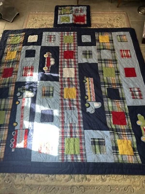 1 Pottery Barn Kids Quilt 1 sham Blue Green Red Patchwork Plaid Cars TWIN/FULL - Image 1 of 4