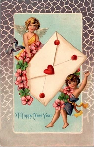 Ein frohes neues Jahr geprägte Umschläge Cherubs Postkarte - Bild 1 von 2