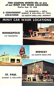 Cartolina coupon St Paul MN Minit autolavaggio Minneapolis & Midway multi-vista 50 ¢ - Foto 1 di 2
