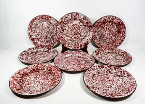 Vintage 8 Piece 10 inch RED and WHITE Speckled Enamelware Metal - Picture 1 of 3