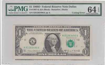 1969 D Cutting Error $1 Dollar PMG 64 EPQ PICTURES INCLUDED - Image 1 of 2