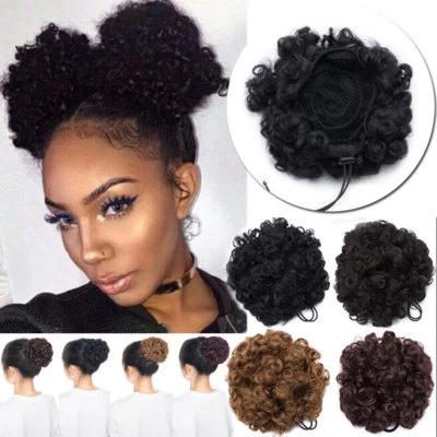 Afro Kinky Curly Hair Extension Bun Clip In Ponytail Puff Updo as Human Black YT - Image 1 of 4