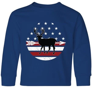 Inktastic Deer Bow Hunting USA Flag Youth Long Sleeve T-Shirt Archery Bowhunting - Picture 1 of 3