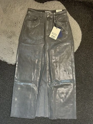 silver metallic pull & bear denim front slit maxi skirt NWT size small ladies - Image 1 of 4