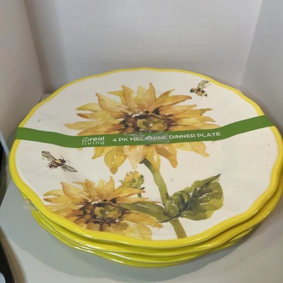 Platos de cena de melamina abeja y girasoles bordes festoneados nuevos paquete de 4 11 pulgadas Foto 1 de 3