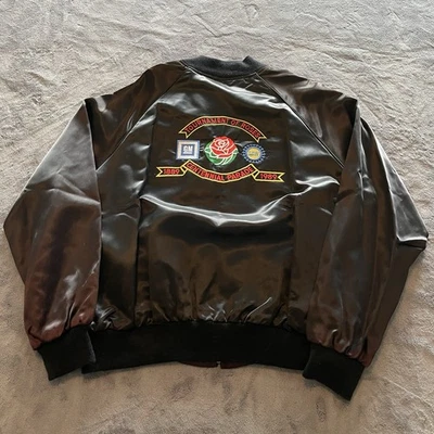 复古 80 年代轰炸机夹克风衣男式大号黑色缎面通用汽车 UAW — 第 1/4 张图片