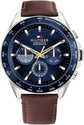 Tommy Hilfiger 1791965 Men's Brown Leather Strap Multifunction Blue Dial 46mm - Image 1 of 4