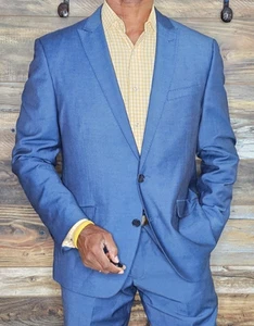 Savile Row London Blue Dual Vent Stitched Peak Lapel Flat Panel Suit 44R X 38W - Imagen 1 de 15