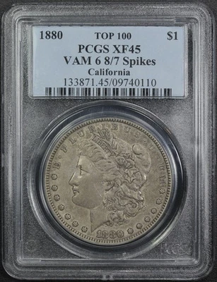 1880 VAM-6 Top-100 8/7 Spikes California Collection Morgan Dollar $1 PCGS XF 45 - Image 1 of 4