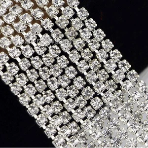 Borde de cadena de cierre de diamantes de imitación de cristal AB transparente plateado de 2 yardas SS6 (2 mm)-SS16 (4 mm) - Imagen 1 de 9