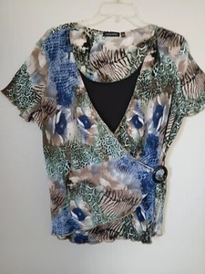Notations Womens Large Short Sleeve Layered Look Blouse Draped Side With O Ring - Picture 1 of 10