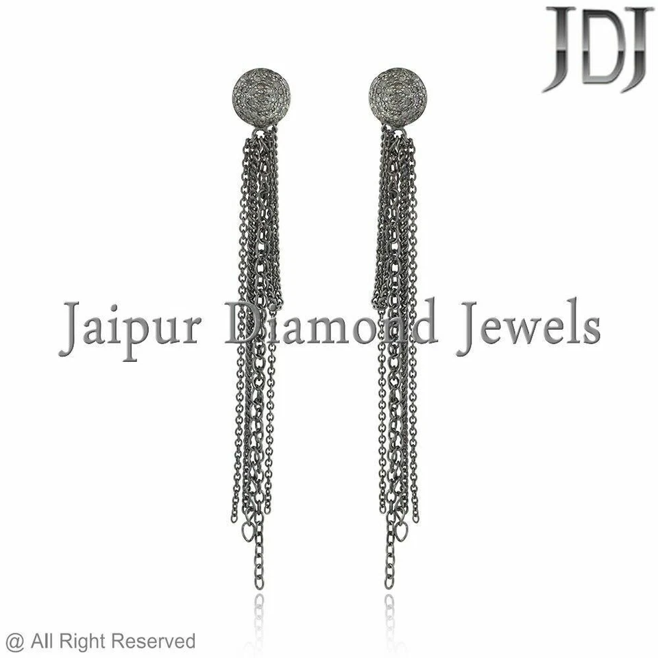 Natural Pavé Marrón Diamante 925 Plata Maciza Eslabón Cadena Pendientes Handmade - Imagen 1 de 4