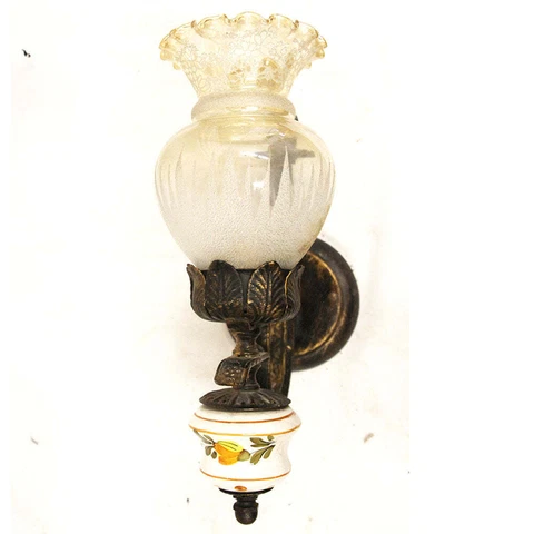 Vintage Ceramic & Glass Wall Sconce w Floral Painted Design Cover