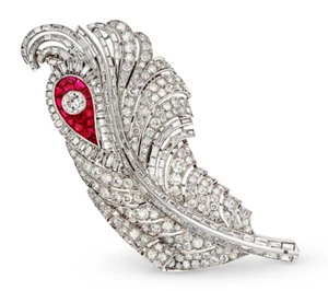 French Art Deco 14CT Cubic Zirconia & Ruby Women's Amazing Feather Brooch - Picture 1 of 3